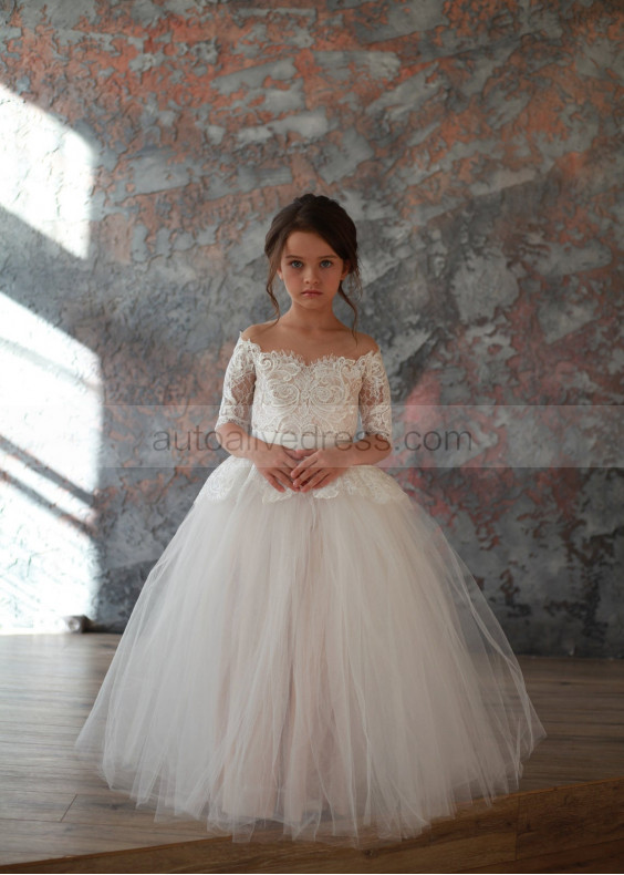 Ivory Lace Tulle Peplum Flower Girl Dress With Nude Lining Ivory Lace Tulle Peplum Flower Girl Dress With Nude Lining